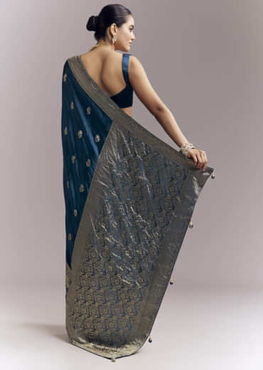 Midnight Blue Satin Woven Saree With Delicate Hand Embroidery Midnight Blue Satin Woven Saree With Delicate Hand Embroidery