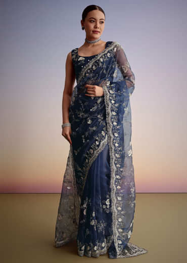 Midnight Blue Tissue Floral Embroidered Saree With Scallop Border
