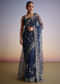 Midnight Blue Tissue Floral Embroidered Saree With Scallop Border