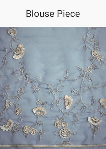 Midnight Blue Tissue Floral Embroidered Saree With Scallop Border