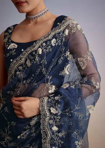 Midnight Blue Tissue Floral Embroidered Saree With Scallop Border