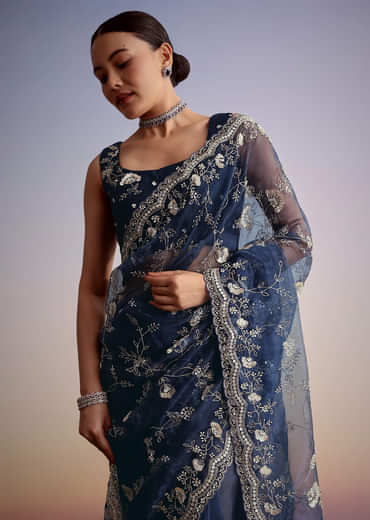 Midnight Blue Tissue Floral Embroidered Saree With Scallop Border