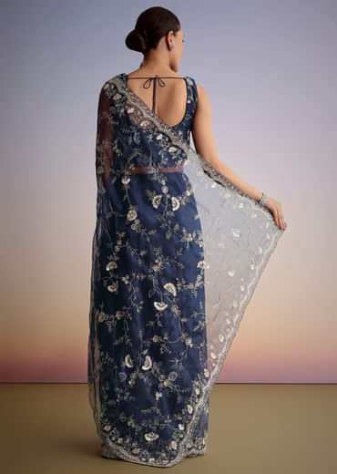 Midnight Blue Tissue Floral Embroidered Saree With Scallop Border