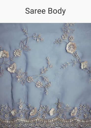 Midnight Blue Tissue Floral Embroidered Saree With Scallop Border