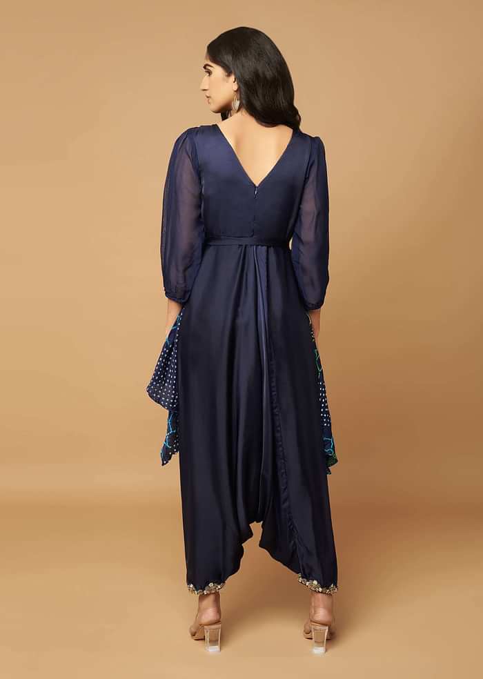 Midnight Blue Cowl Drape Jumsuit In Handmade Multi Color Sunflower Bandhani