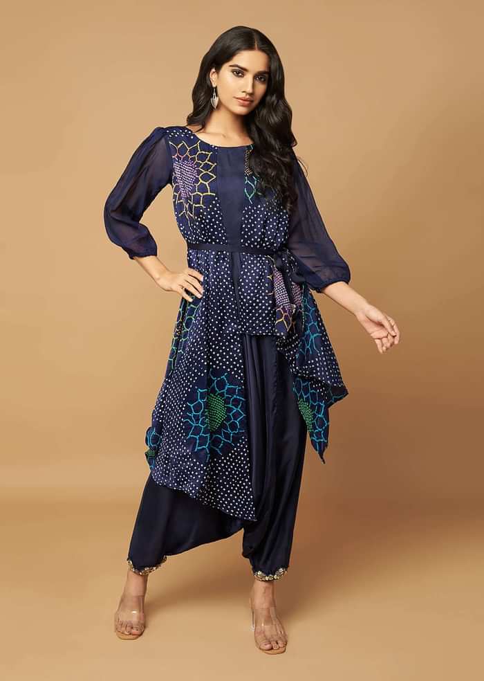 Midnight Blue Cowl Drape Jumsuit In Handmade Multi Color Sunflower Bandhani