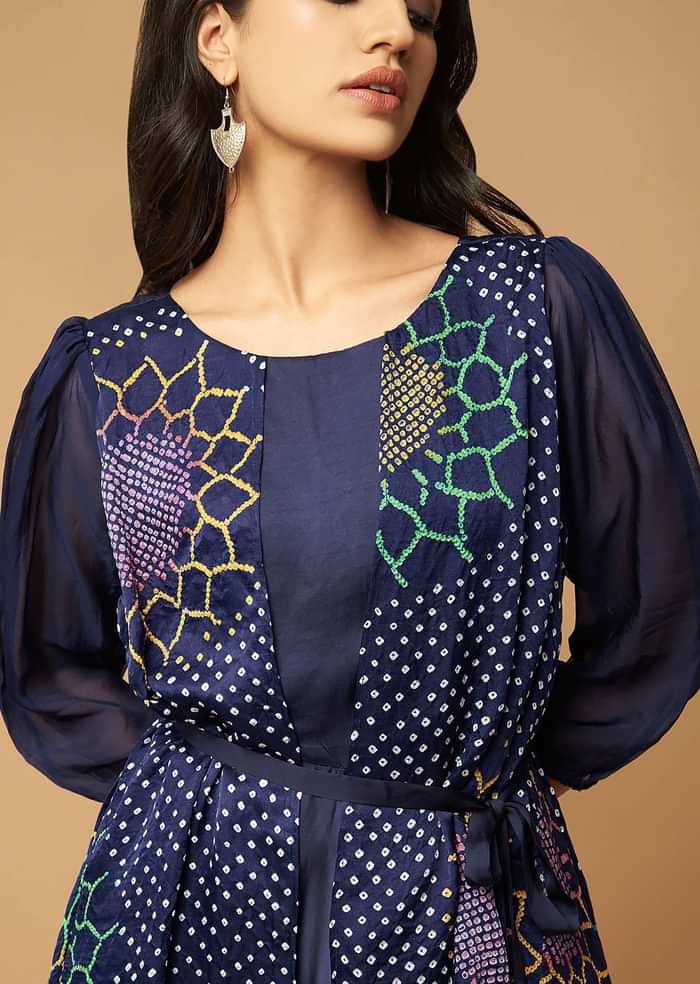 Midnight Blue Cowl Drape Jumsuit In Handmade Multi Color Sunflower Bandhani