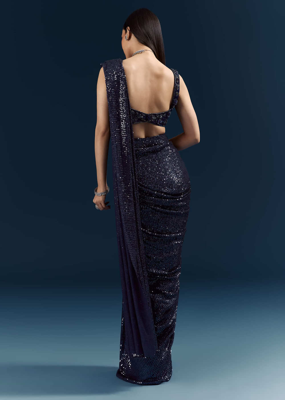 Midnight Blue Imported Sequins And Net Ready Pleated Saree With Embroidery