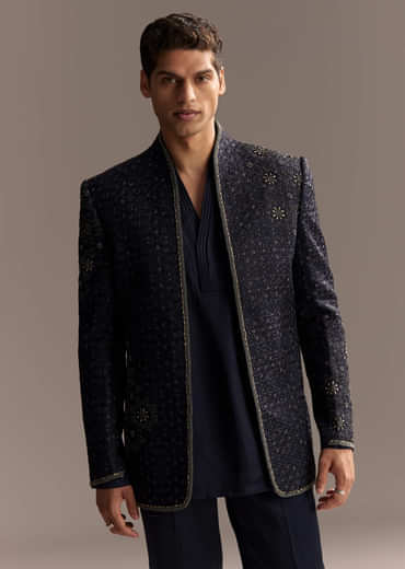 Midnight Blue Jodhpuri Suit For Men With Heavy Hand Embroidery