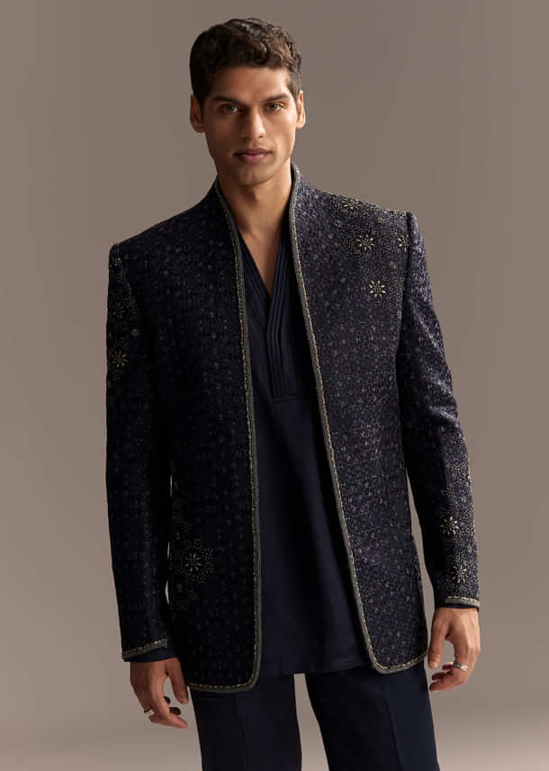Midnight Blue Jodhpuri Suit For Men With Heavy Hand Embroidery Midnight Blue Jodhpuri Suit For Men With Heavy Hand Embroidery
