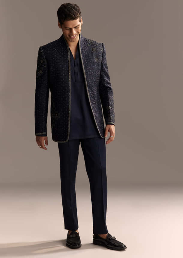 Midnight Blue Jodhpuri Suit For Men With Heavy Hand Embroidery Midnight Blue Jodhpuri Suit For Men With Heavy Hand Embroidery