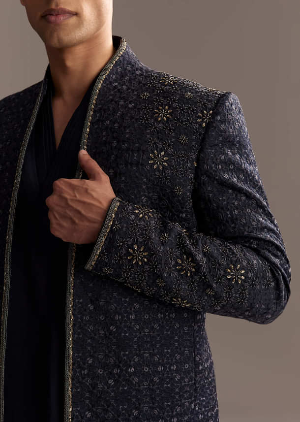 Midnight Blue Jodhpuri Suit For Men With Heavy Hand Embroidery Midnight Blue Jodhpuri Suit For Men With Heavy Hand Embroidery