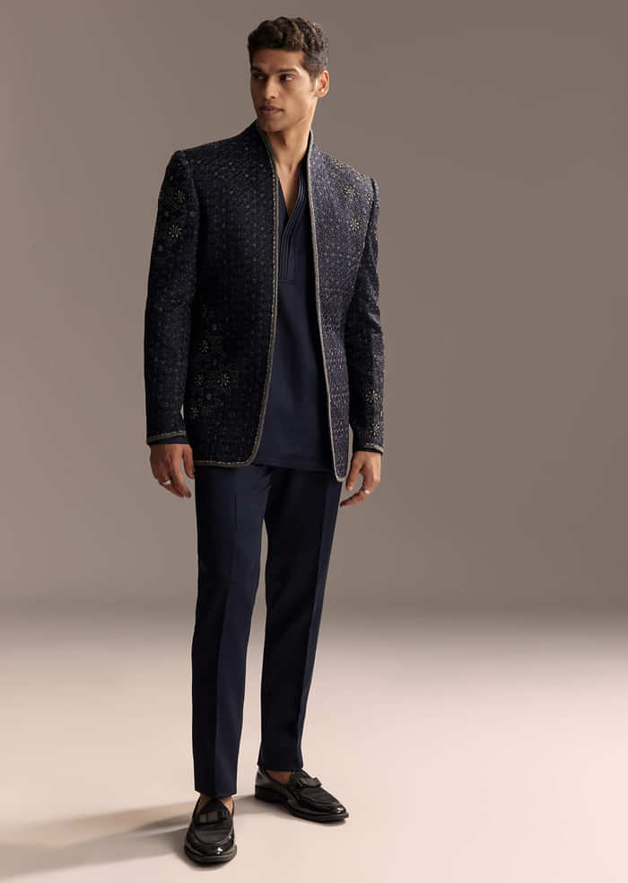 Midnight Blue Jodhpuri Suit For Men With Heavy Hand Embroidery