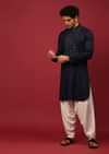 Midnight Blue Pathani Suit In Cotton With Mirror And Thread Embroidered Buttis And Heavy Placket Design