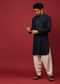 Midnight Blue Pathani Suit In Cotton With Mirror And Thread Embroidered Buttis And Heavy Placket Design
