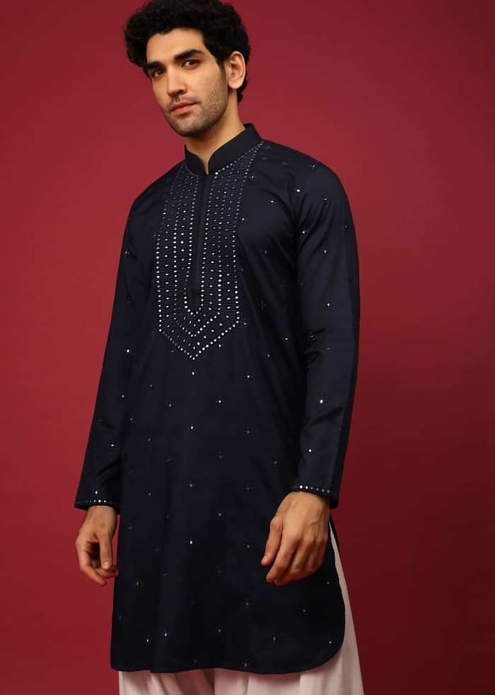 Midnight Blue Pathani Suit In Cotton With Mirror And Thread Embroidered Buttis And Heavy Placket Design