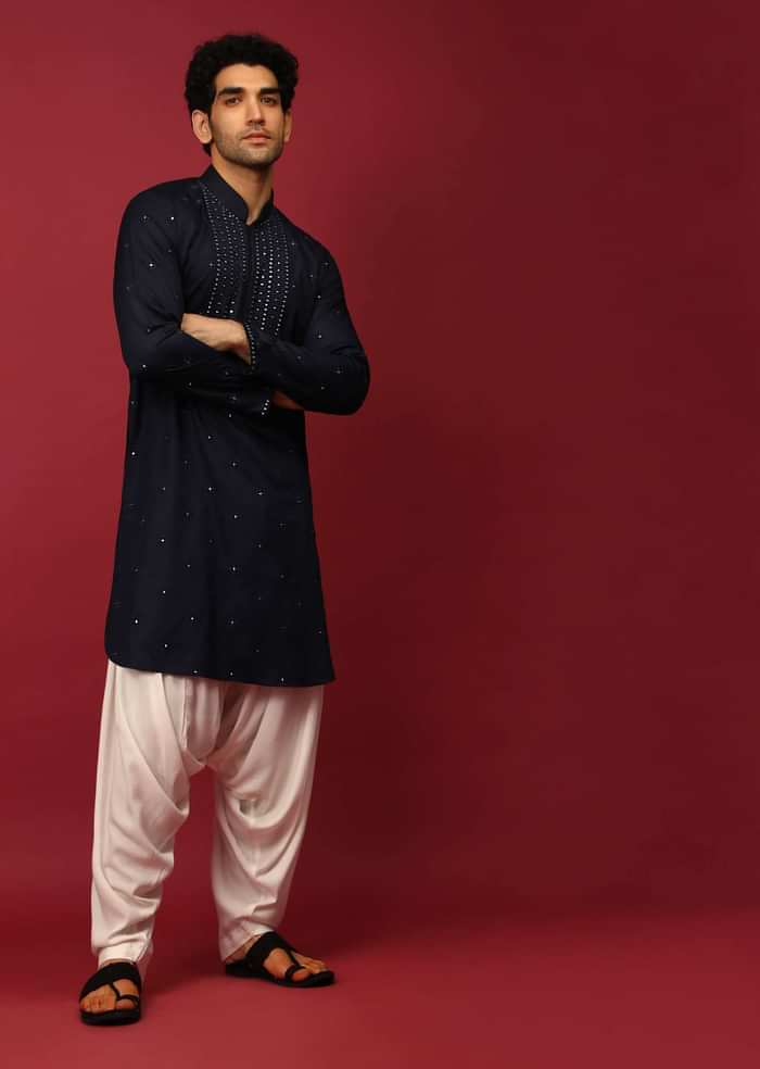 Midnight Blue Pathani Suit In Cotton With Mirror And Thread Embroidered Buttis And Heavy Placket Design