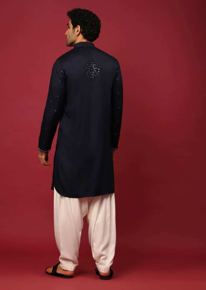 Midnight Blue Pathani Suit In Cotton With Mirror And Thread Embroidered Buttis And Heavy Placket Design