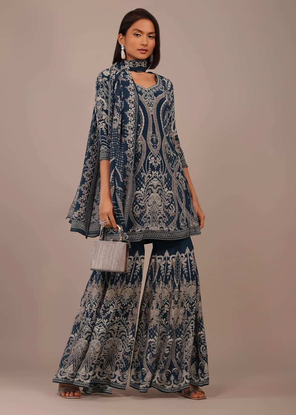 Midnight Blue Printed Sharara Suit With Stonework In Crepe