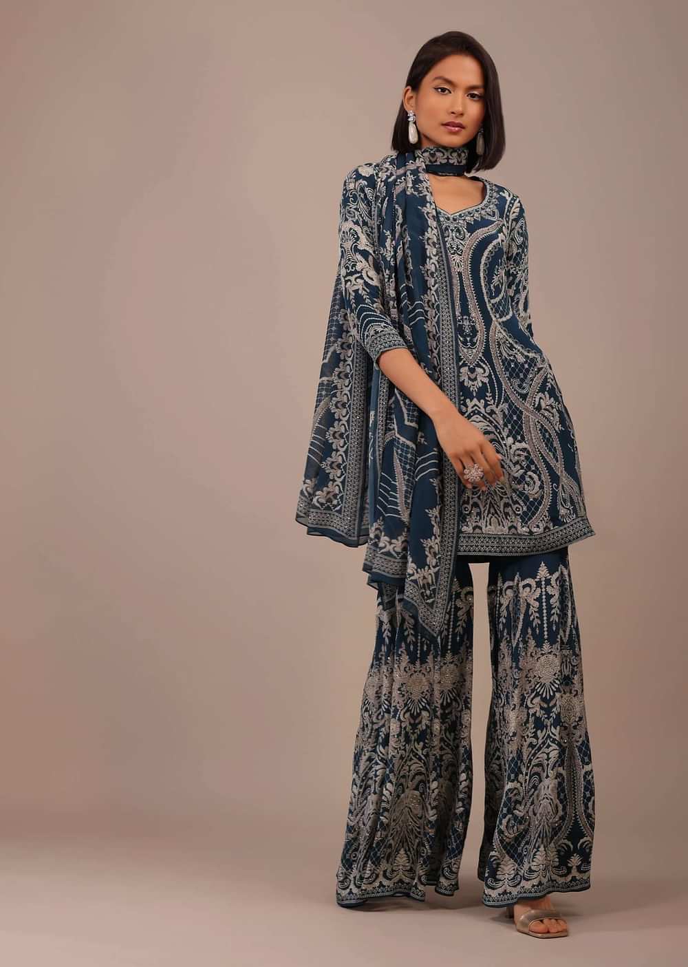 Midnight Blue Printed Sharara Suit With Stonework In Crepe