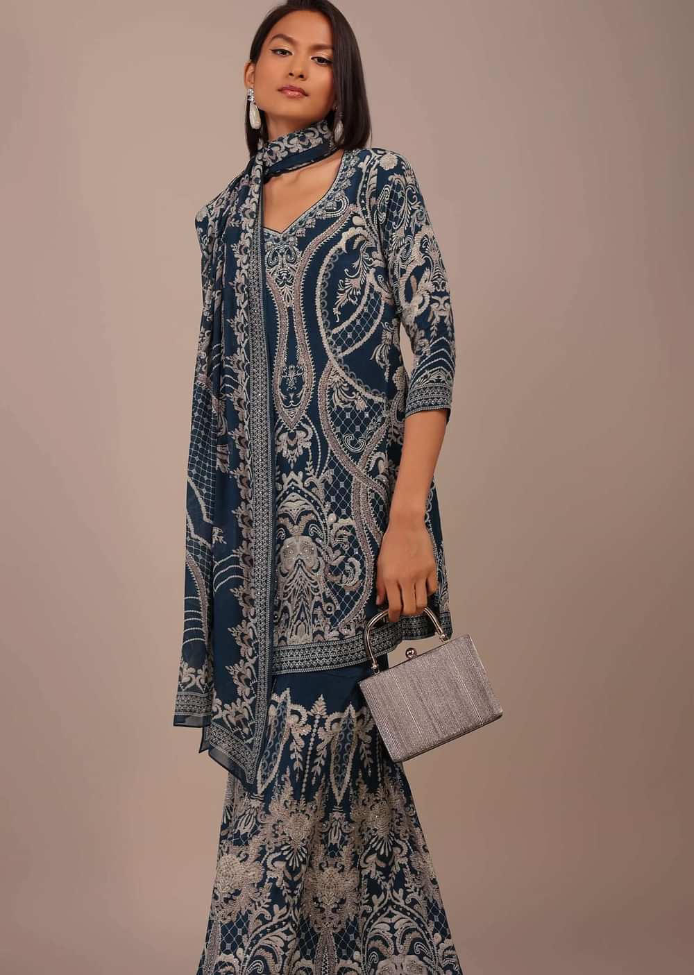 Midnight Blue Printed Sharara Suit With Stonework In Crepe