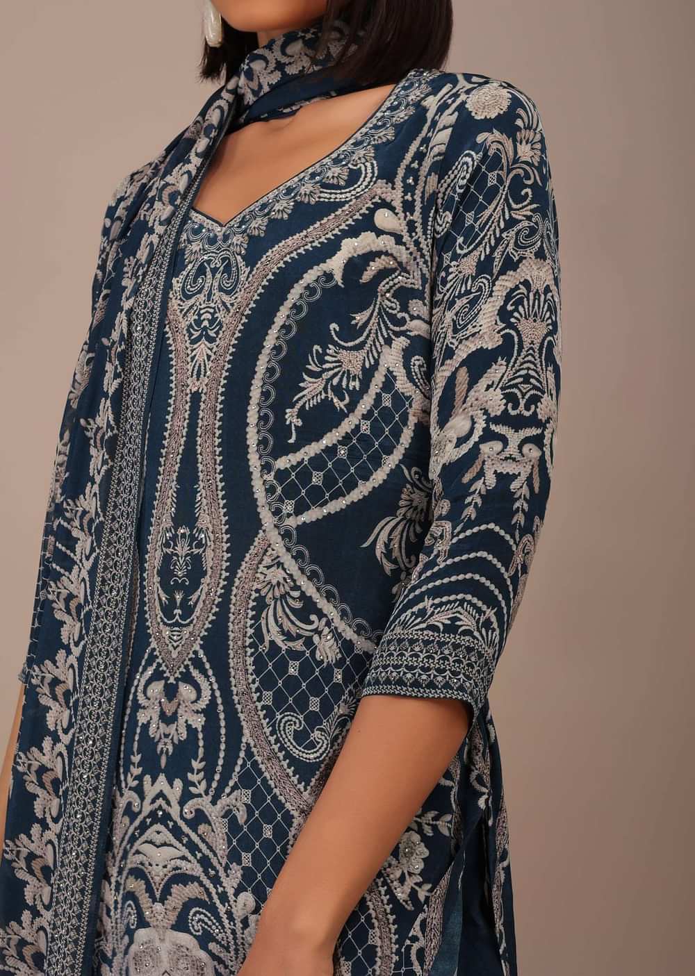 Midnight Blue Printed Sharara Suit With Stonework In Crepe