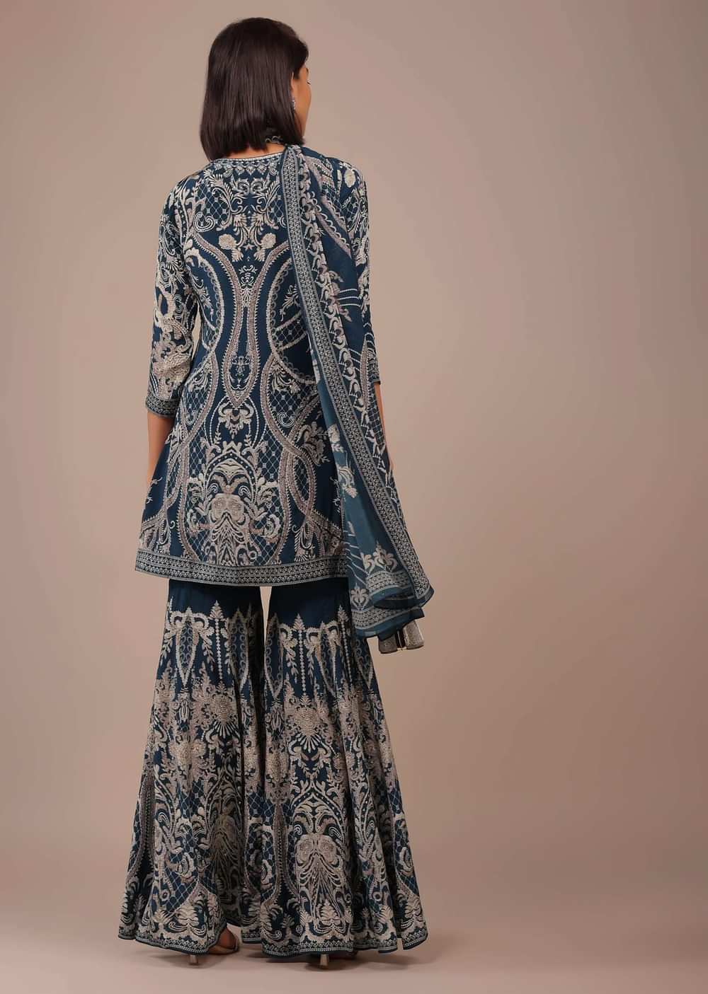 Midnight Blue Printed Sharara Suit With Stonework In Crepe