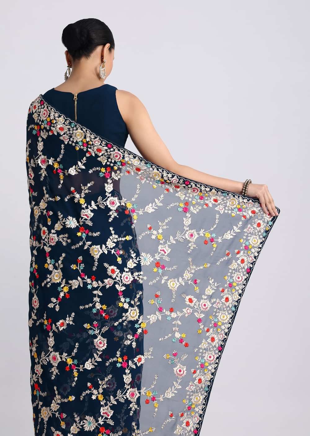 Midnight Blue Saree With Parsi Gara Work