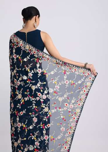 Midnight Blue Saree With Parsi Gara Work