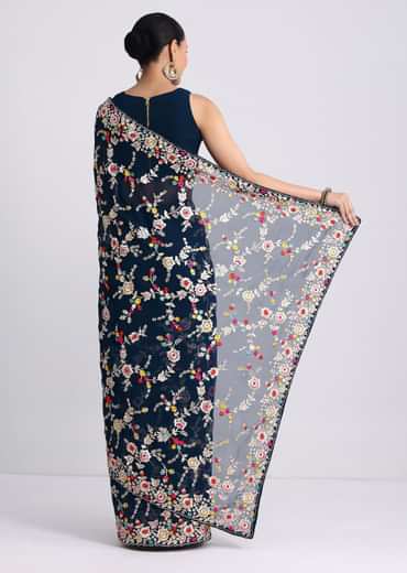 Midnight Blue Saree With Parsi Gara Work