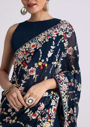 Midnight Blue Saree With Parsi Gara Work