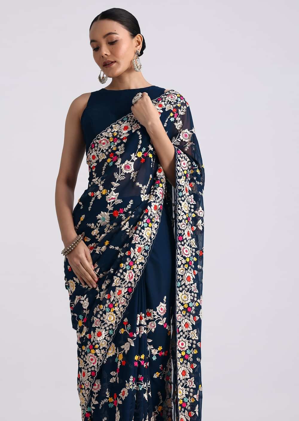 Midnight Blue Saree With Parsi Gara Work