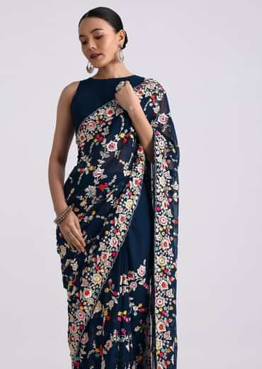 Midnight Blue Saree With Parsi Gara Work