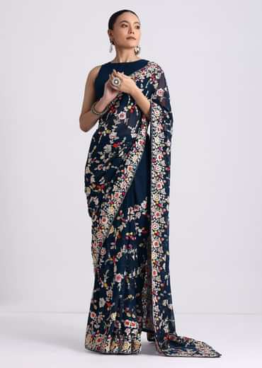 Midnight Blue Saree With Parsi Gara Work