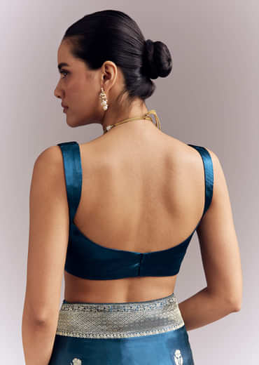 Midnight Blue Satin Woven Saree With Delicate Hand Embroidery Midnight Blue Satin Woven Saree With Delicate Hand Embroidery
