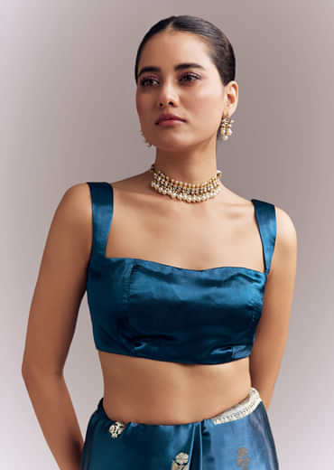 Midnight Blue Satin Woven Saree With Delicate Hand Embroidery Midnight Blue Satin Woven Saree With Delicate Hand Embroidery