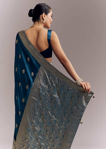 Midnight Blue Satin Woven Saree With Delicate Hand Embroidery Midnight Blue Satin Woven Saree With Delicate Hand Embroidery