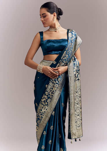 Midnight Blue Satin Woven Saree With Delicate Hand Embroidery Midnight Blue Satin Woven Saree With Delicate Hand Embroidery