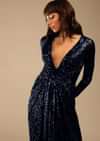 Midnight Blue Sequins Gown With Plunging V Neckline And Ruched Belt Along With Gathers In The Front