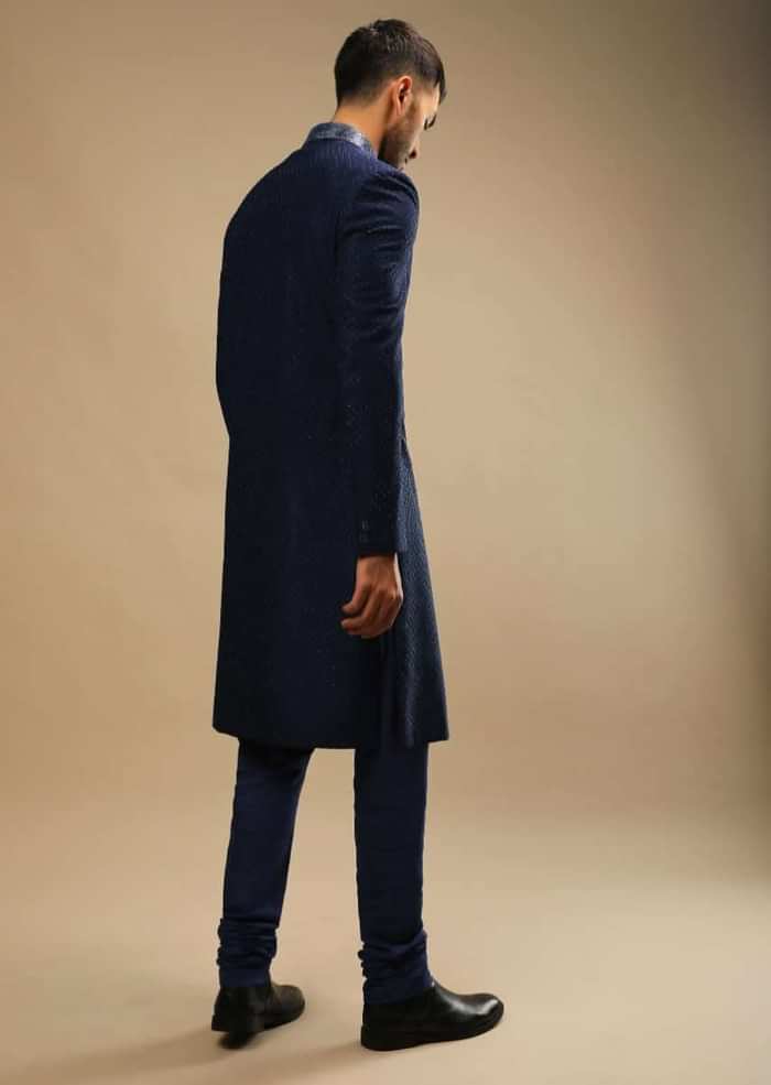 Midnight Blue Sherwani Set In Georgette With Thread And Kundan Embroidered Jaal Design And Matching Dupatta