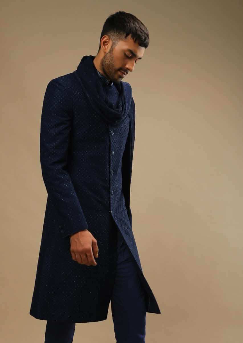 Midnight Blue Sherwani Set In Georgette With Thread And Kundan Embroidered Jaal Design And Matching Dupatta