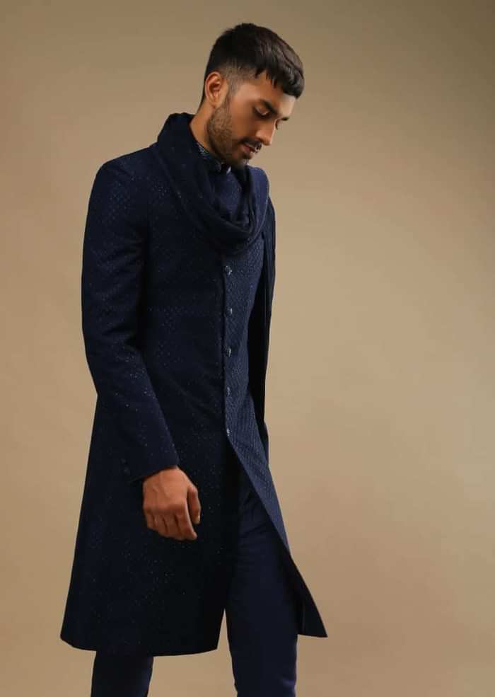 Midnight Blue Sherwani Set In Georgette With Thread And Kundan Embroidered Jaal Design And Matching Dupatta