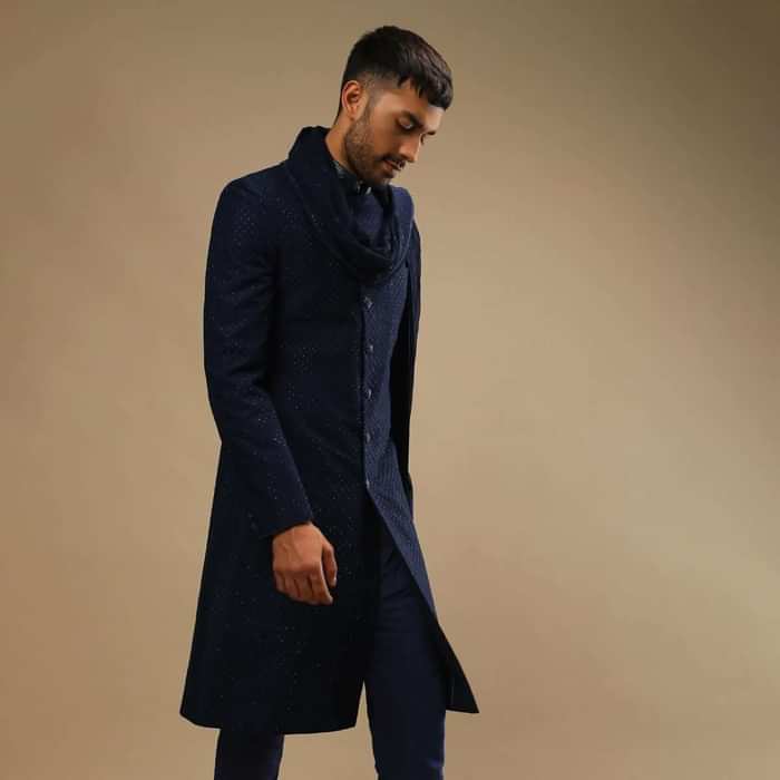 Midnight Blue Sherwani Set In Georgette With Thread And Kundan Embroidered Jaal Design And Matching Dupatta