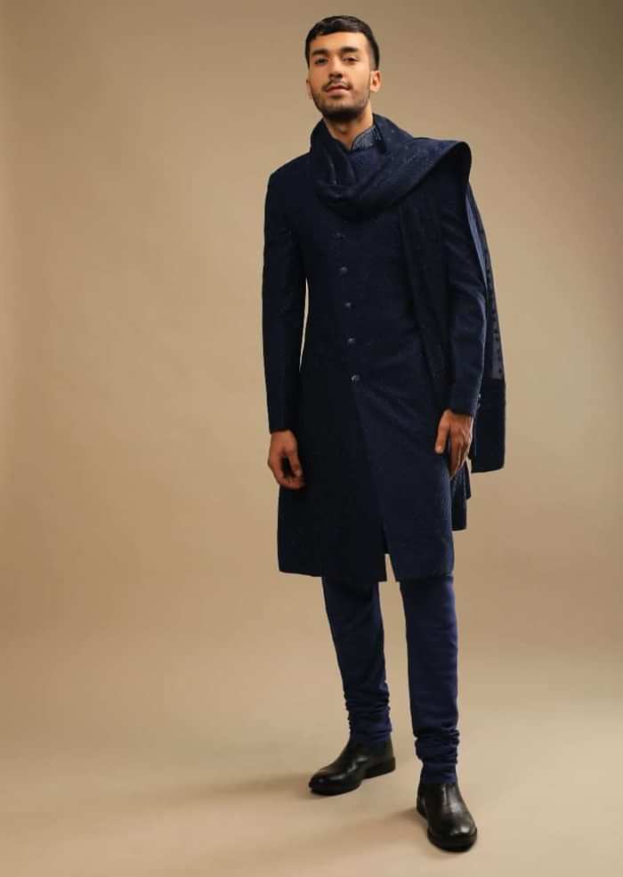 Midnight Blue Sherwani Set In Georgette With Thread And Kundan Embroidered Jaal Design And Matching Dupatta