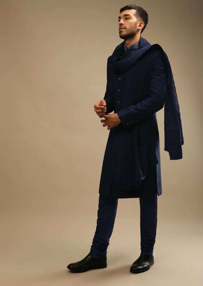Midnight Blue Sherwani Set In Georgette With Thread And Kundan Embroidered Jaal Design And Matching Dupatta