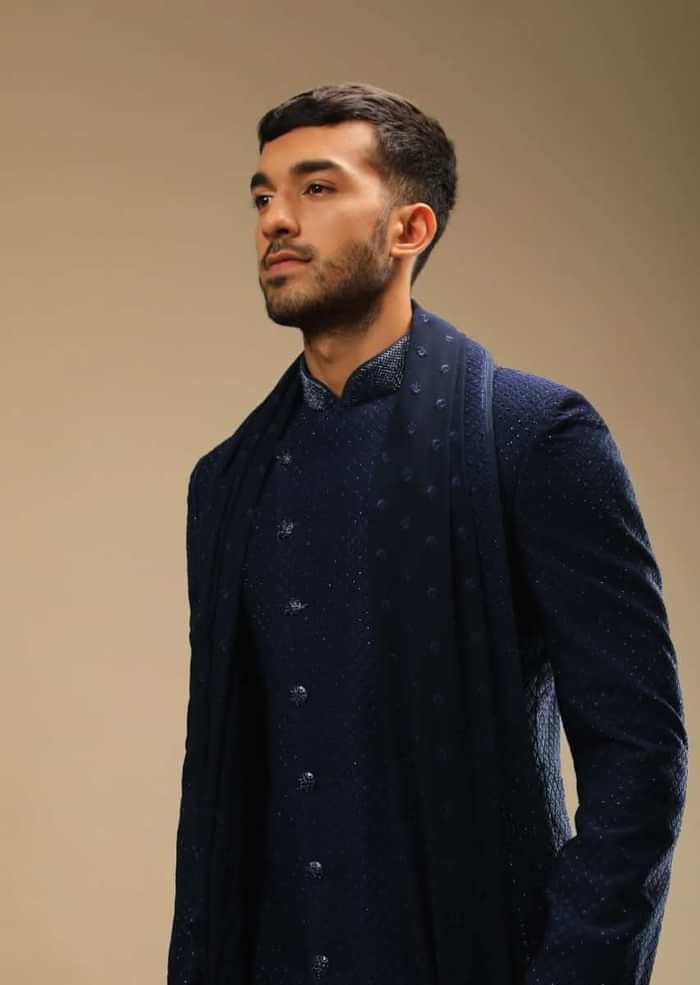 Midnight Blue Sherwani Set In Georgette With Thread And Kundan Embroidered Jaal Design And Matching Dupatta