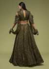 Military Olive Lehenga And Crop Top In Sequins Embroidery, Paired With The Crop Top In Crew Neckline With A Key-Hole