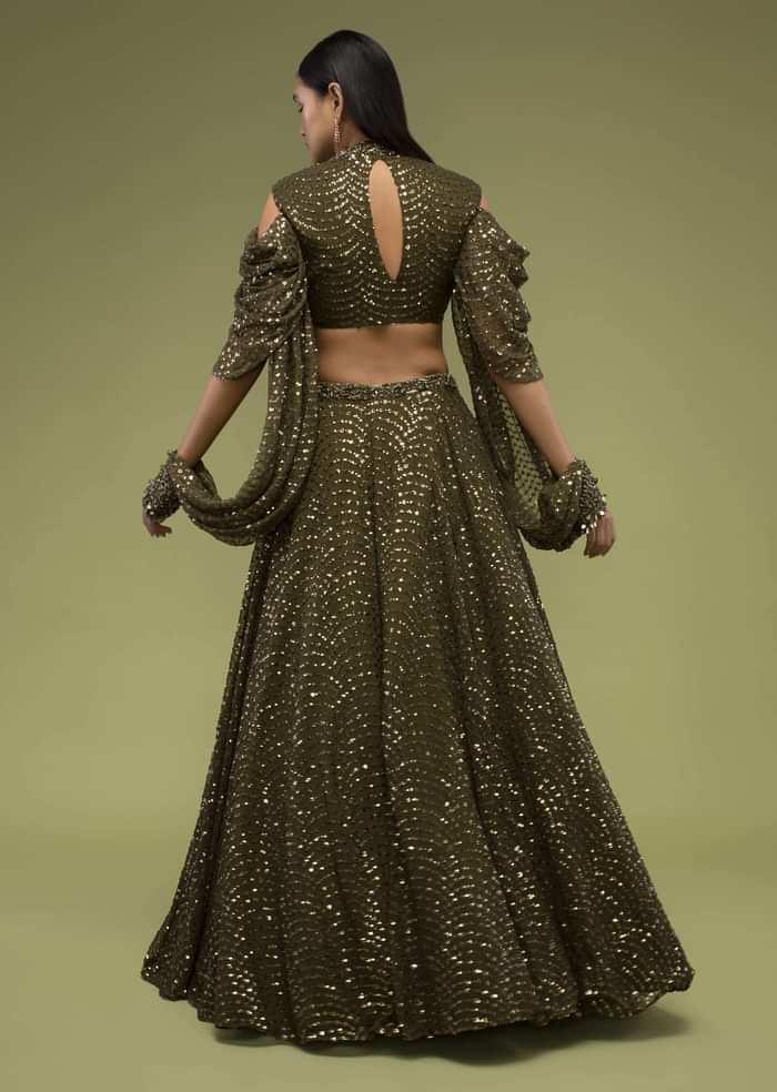 Military Olive Lehenga And Crop Top In Sequins Embroidery, Paired With The Crop Top In Crew Neckline With A Key-Hole