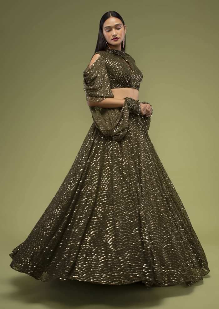 Military Olive Lehenga And Crop Top In Sequins Embroidery, Paired With The Crop Top In Crew Neckline With A Key-Hole