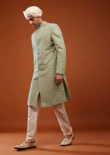 Pista Green Embroidered Sherwani Set In Tussar Silk